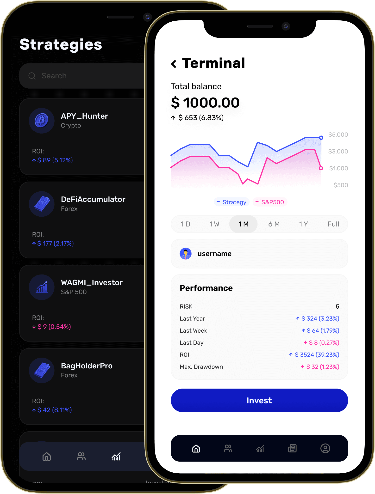 Mobile app interface showing strategies and portfolio
